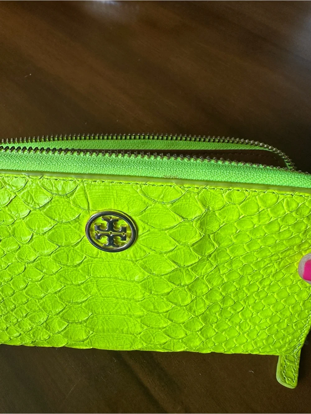 Tory Burch Neon Lime Textured Zip Wallet